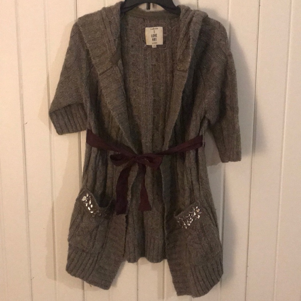 3/4 gray sweater with hood, belt, and gem pockets